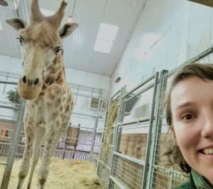 Farmer Katie and her new Giraffe friend, whilst on a Farmer / Keeper exchange. 